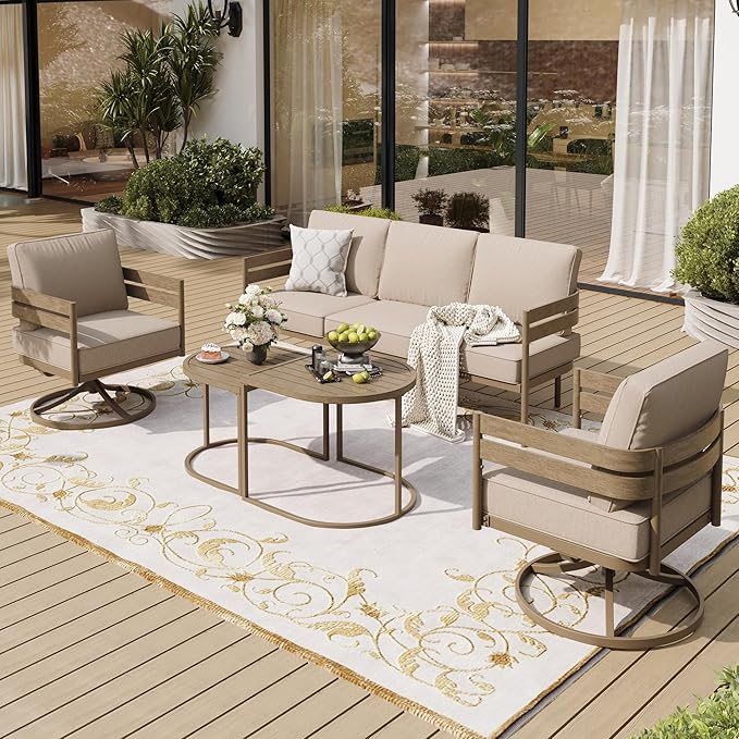 Metal Frame Patio Furniture Set, Wood-Like Modern Outdoor Patio Furniture Set with Cushion, Patio Seating Set with Swivel Chairs, Patio Conversation Set for Backyard Deck