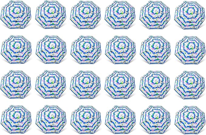 PMU 24 Pcs 6ft Tropical Beach Umbrella – Blue & White Stripes with Flamingo, Toucan & Leaf Print, 72in Open, 160G Polyester, Large Outdoor Patio Pool Parasol Umbrella for Garden, Deck, Backyard & Pool