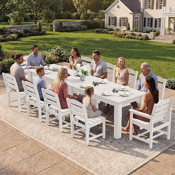 SERWALL Outdoor Dining Sets for 4, HDPE Dining Sets for 4 Person with 1 Umbrella Hole Cut-Out Rectangular Table and 4 Armless Chairs, Patio Dining Sets for Garden, Backyard, Poolside, White