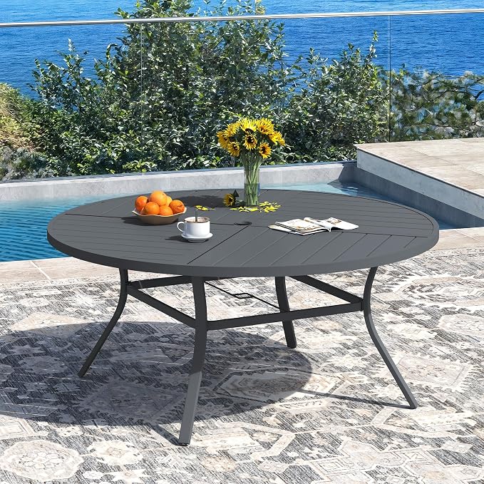 DIFY 9 Pieces Outdoor Dining Set, Metal Patio Table and Chairs Set for 8, 59.8" Round Dining Table with Umbrella Hole & Wicker Swivel Patio Chairs with Cushions, Grey Tabletop