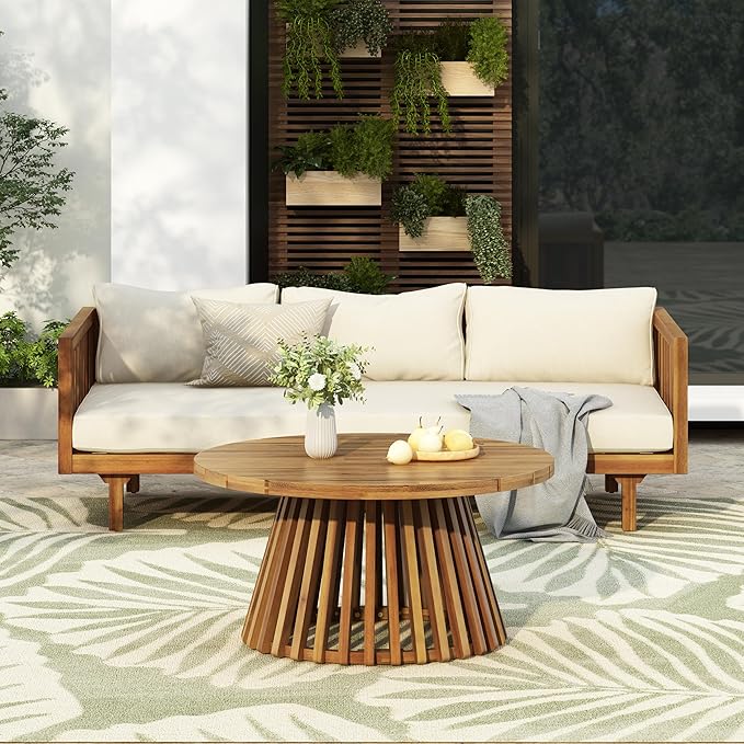 Merax Outdoor Acacia Wood Conversation Set, 3-Seat Loveseat Sofa w/Coushion and Round Coffee Table for Backyard, Patio Furniture, Teak+Beige