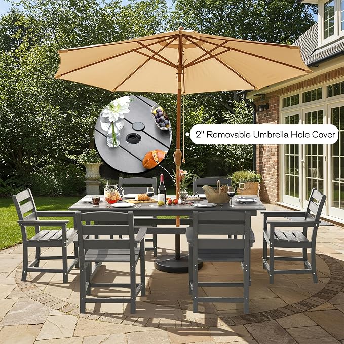 nalone 7-Piece Patio Dining Table Set, HDPE Outdoor Dining Sets with Table and 6 Chairs, Dining Furniture Set with Umbrella Hole (Grey, 7 Pcs)