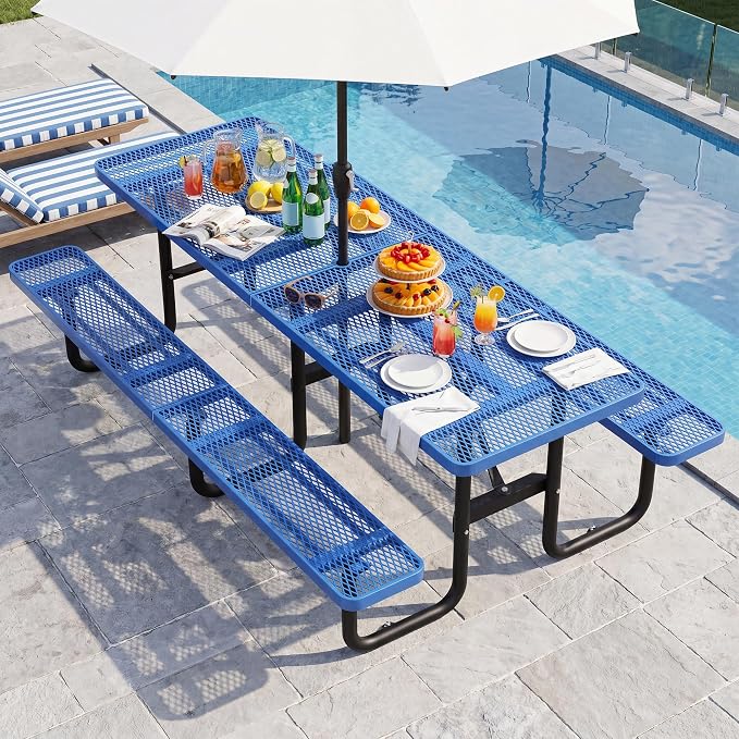 96" Rectangular Metal Picnic Table, Commercial Steel Picnic Tables with 1.96" Umbrella Hole, Heavy Duty Picnic Tables for Outdoor Garden Courtyard BBQ, Blue