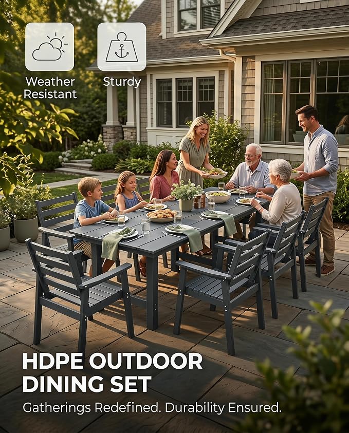 10 Piece HDPE Outdoor Dining Set for 8, Patio Dining Furniture Set with 2” Umbrella Hole, Weather Resistant Outdoor Table and Chairs for Garden, Poolside, Backyard, Deck