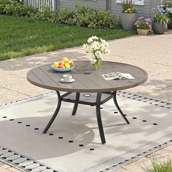 47.2" Patio Dining Table for 6, Round Outdoor Metal Dining Table with Umbrella Hole for Lawn Garden Backyard, Grey