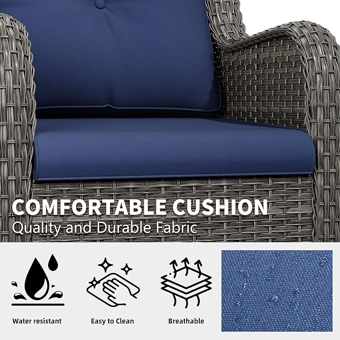 6 Pcs Patio Furniture Set with Fire Table-31'' Fire Pit Table, 1 Side Table, 4 Outdoor Rattan Wicker Conversation Chairs (2 Fixed & 2 Swivel) （Blue）