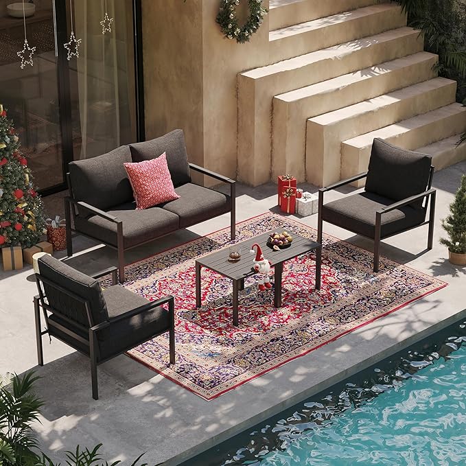 Metal Patio Furniture Set, 5-Piece Modern Patio Set with Sofa and Coffee Tables, Outdoor Furniture Set for Garden, Backyard, Balcony, Poolside (Dark Grey)