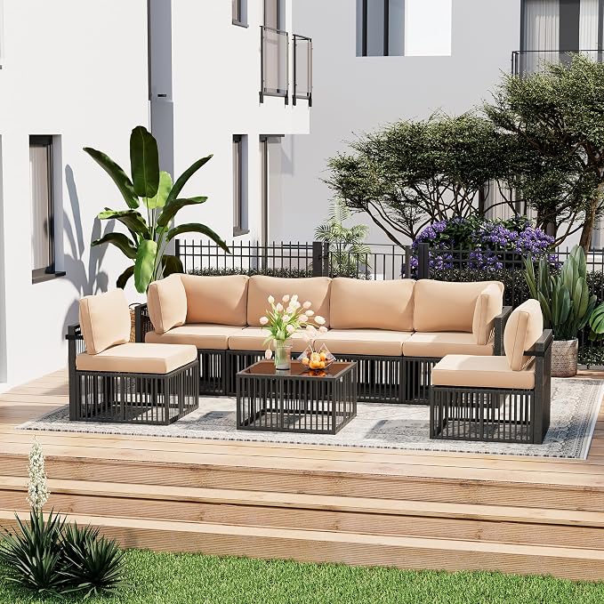 Pamapic 7-Piece Outdoor Sectional Set, Large Wicker Patio Furniture Set with Coffee Table and Washable Cushions Covers, All-Weather Patio Sofa Conversation Set for Backyard, Poolside, Garden