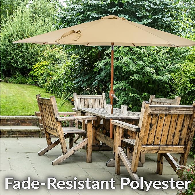 Sunnydaze 8.5 ft Outdoor Patio Umbrella with Push Button Tilt and Crank - Faux Woodgrain Finish - Large Vented Market Umbrella