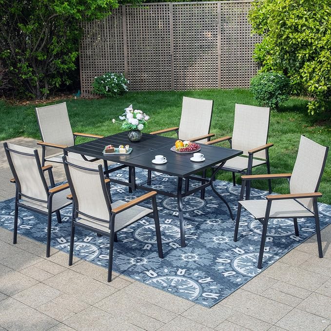 PHI VILLA 7 PCS Patio Dining Set, Aluminum Outdoor Furniture, Patio Table and Chairs for 6, Lightweight Stackable Chairs and Large Metal Dining Table for Garden Yard Deck, Beige