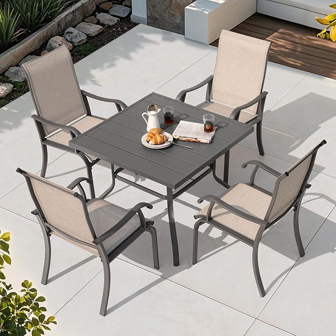 NUU GARDEN 5-Piece Outdoor Dining Set, 4 Textilene Patio Dining Chairs and 37'' Square Slatted Table with Umbrella Hole, Weather-Resistant Patio Furniture for Garden, Patio, Backyard, Beige