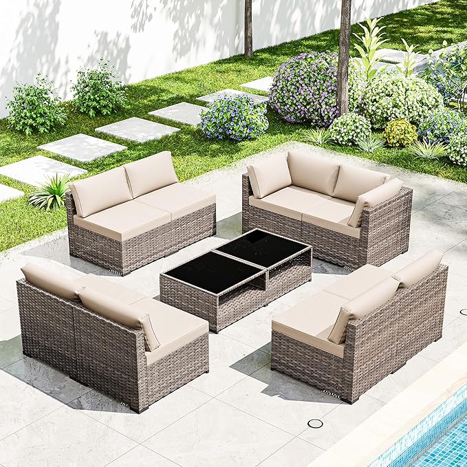 Joyside 10-Piece Patio Furniture Set, Rattan Outdoor Sectional Wicker Patio Conversation Set with Cushions and Coffee Table