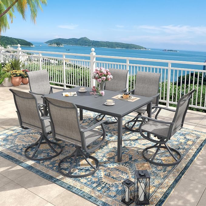 Outdoor Dining Set for 6, 63" Metal Outdoor Dining Table with Umbrella Hole and Sling Patio Swivel Chairs, 7 Pieces Patio Table and Chairs Set for Garden Backyard, Grey and Dark Grey