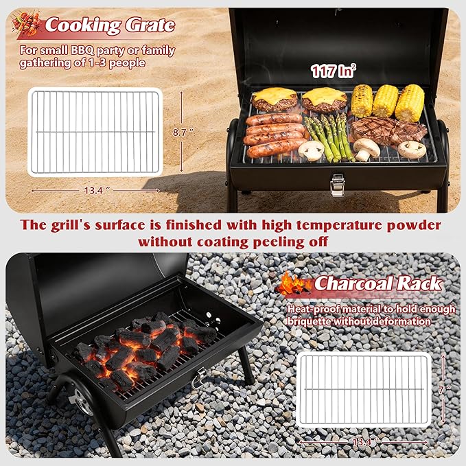 Portable Charcoal Grill with Thermometer, HaSteeL Small Tabletop Barbecue Grill Smoker for Outdoor Camping Backyard Beach BBQ, 117 Square Inches Cooking Area, Thick Steel, Screwdriver, Black