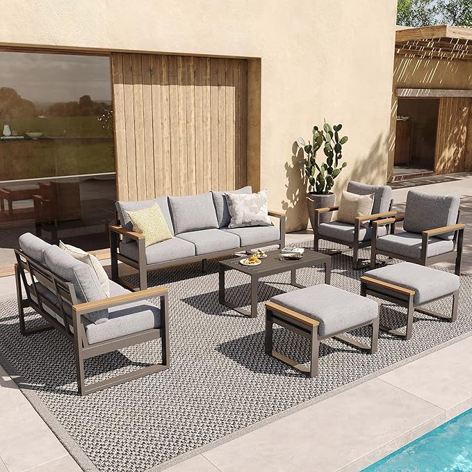 Sundale Outdoor Aluminum Patio Furniture Set, 7 Piece Outdoor Conversation Sets with Coffee Table, Ottoman and Washable Thick Cushions, All Weather Outdoor Sectional Set for Deck, Lawn, Yard (Grey)