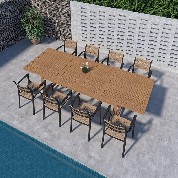 Urban Elements Duete 9-Piece Rectangular Extendable Patio Furniture Set | 100% Certified Teak Finish | Backyard Furniture, Outside Table and Chairs, Rectangular Outdoor Dining Set