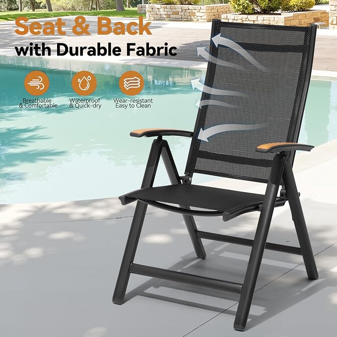 Pellebant 9 Pieces Aluminum Patio Table and Chairs Set - 83" Rectangular Table and Foldable Chairs Outdoor Dining Set with Umbrella Hole, Weather Resistant Sturdy Frame for Deck, Porch & Backyard