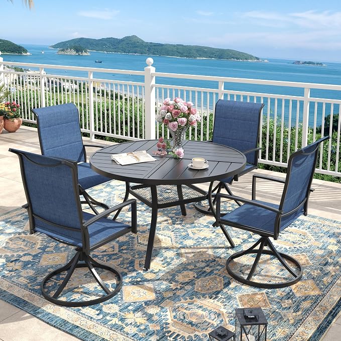 Outdoor Dining Set for 4, 40.7" Outdoor Dining Table with Umbrella Hole and Padded Textilene Patio Swivel Chairs, 5 Pieces Patio Table and Chairs Set for Garden Backyard, Dark Blue and Black