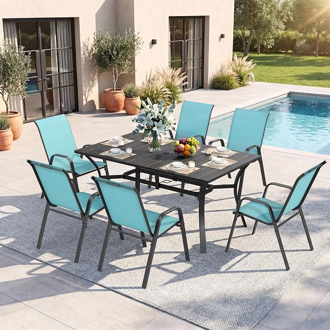 Outdoor Dining Set for 6, Patio Metal Table and Chairs Set with 1.97'' Umbrella Hole, 7pcs Patio Furniture Set 63”x37.8” Dining Table Set with Stackable Chairs for Backyard Pool Deck