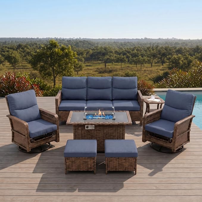 Brafab 7-Seat Piece Wicker Patio Furniture Set with 44" Propane Fire Pit Table, Outdoor Swivel Recliner Chairs with Adjustable Backrest & Footrest for Patio Conversation and Backyard Gathering, Blue
