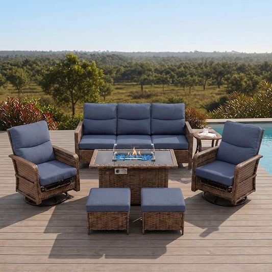 Brafab 7-Seat Piece Wicker Patio Furniture Set with 44" Propane Fire Pit Table, Outdoor Swivel Recliner Chairs with Adjustable Backrest & Footrest for Patio Conversation and Backyard Gathering, Blue