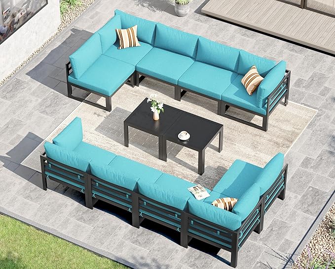 NICESOUL 10 Person Modern Aluminum Outdoor Patio Furniture Set with Side Table, 29" Wide Deep Seating, L Shaped Water Resistant Modular Sectional Couch, Oversized Conversation Set for Poolside, Teal