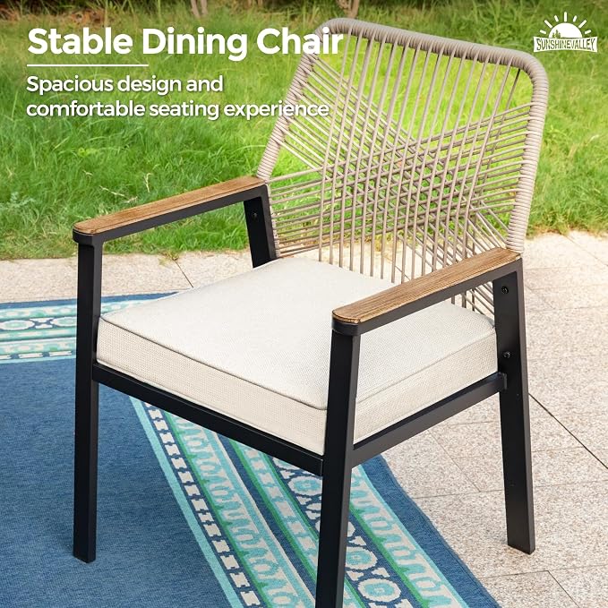 Patio Dining Set 9 Piece, 8 x Woven Rattan Chairs with Waterproof Cushion, 57.5" Square Wood-Like Metal Table with Umbrella Hole, Outdoor Table and Chairs Set for Backyard Lawn and Deck, Beige