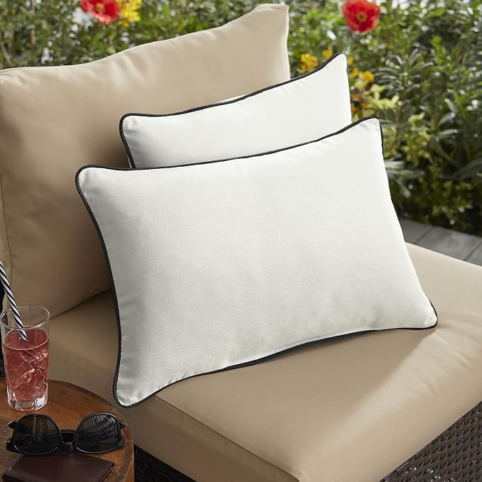 Sorra Home x Sunbrella - Indoor/Outdoor Lumbar Pillows (Set of 2), Canvas Natural Ivory & Black