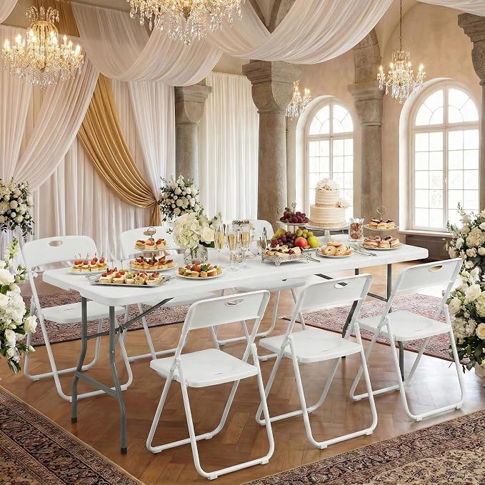 8 FT Plastic White Folding Banquet Table Chairs Set, Outdoor Portable Foldable Table Chairs for Picnic, Game, Camping, Dining, Wedding, Craft, Commercial Event Use