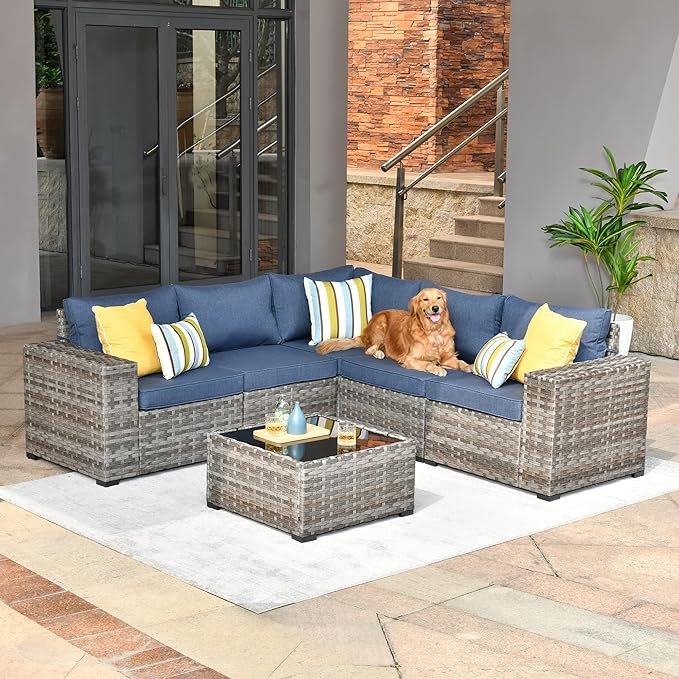 HOOOWOOO Outdoor Patio Sectional Furniture Sofa Set with Widened Armrest,6 Piece Small Modern Wicker Couch,Modular L Shaped Conversation Seating Set with Table for Out Door Garden Corner(Denim Blue)