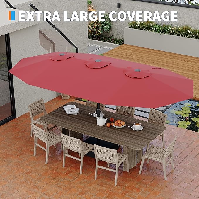 GarveeTech 15FT Double-Sided Rectangular Patio Umbrella with Base – Large Outdoor Market Umbrella for Poolside, Lawn & Backyard, Oversized Shade for 4-6 Person Tables