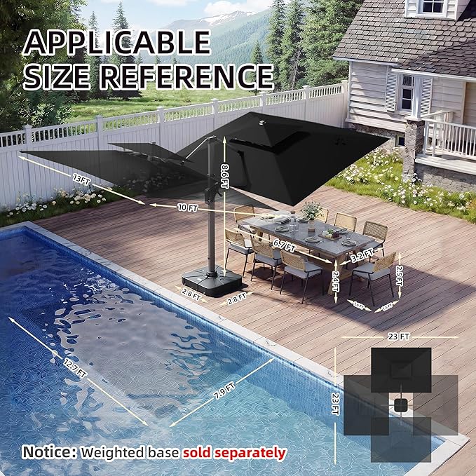 10 X 13 FT Cantilever Patio Umbrella with Led Lights Heavy Duty Windproof Double Top Large Rectangle Offset Umbrellas with 360-degree Rotation for Garden Pool Deck Backyard, Black