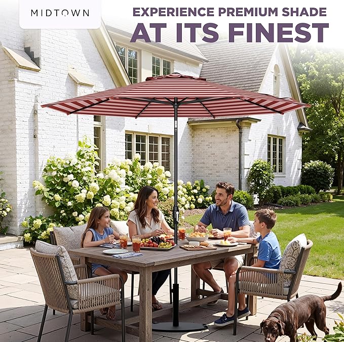 Midtown Umbrellas – The Swilt 10 Ft Patio Umbrellas with 360° Swivel & Tilt Mechanism, 8 Fiberglass Ribs & Terylast Polyester Fabric for Backyard, Deck, Pool & Cafes - Apple Stripes Canopy, Black Pole