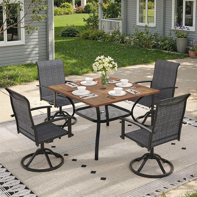 5 Pieces Patio Dining Set, Outdoor Furniture of 37.8" Square Patio Table and Patio Swivel Chairs for Backyard Lawn Garden, Walnut Table and Black Chairs