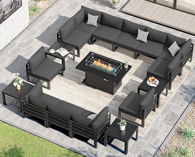 NICESOUL 17 Piece Luxury Aluminum Outdoor Sectional Sofa with Fire Pit Table & End Table, L Shaped Oversized Modular Patio Furniture Set, 500 lbs Heavy Duty Conversation Set for Backyard, Dark Gray