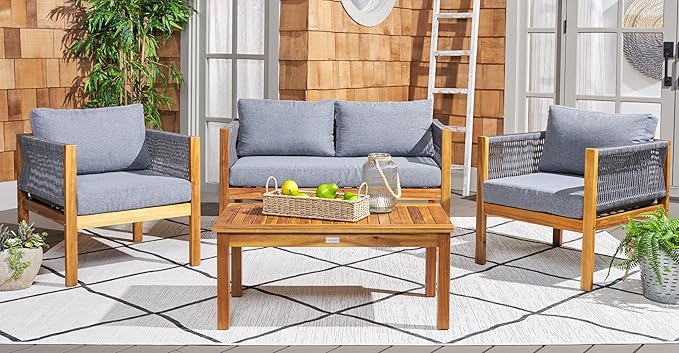 SAFAVIEH Outdoor Collection Wilson Brown Acacia Wood/Grey Cushion & Rope 4-Piece Conversation Patio Set