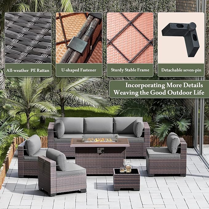10 Pieces Outdoor Patio Furniture Set,Outdoor Sectional Furniture with 43" 55000 BTU Gas Propane Fire Pit Table,All Weather PE Rattan Wicker Patio Conversation Set,Grey