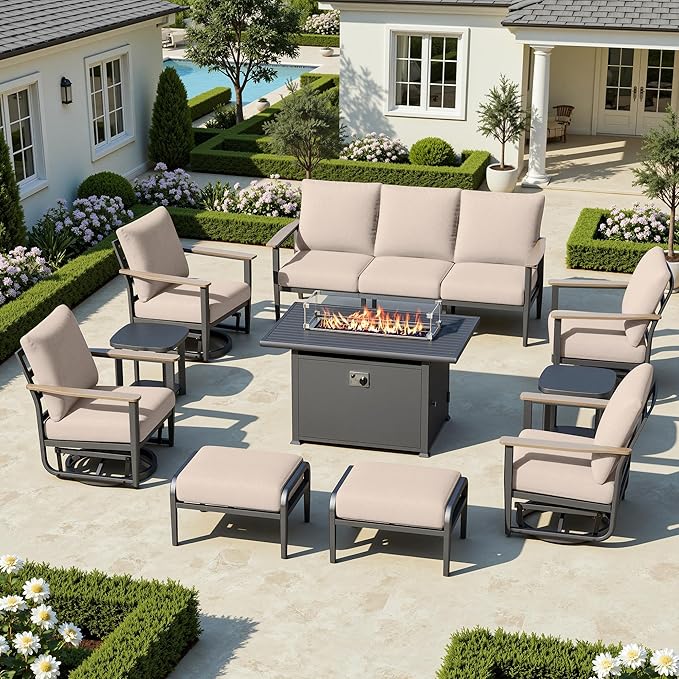 9-Seat Outdoor Patio Furniture Set with Rocking Swivel Chairs, Aluminum Sectional Sofa with Ottomans Patio Conversation Set with 55,000 BTU Fire Pit Table & High Backrest, Sand