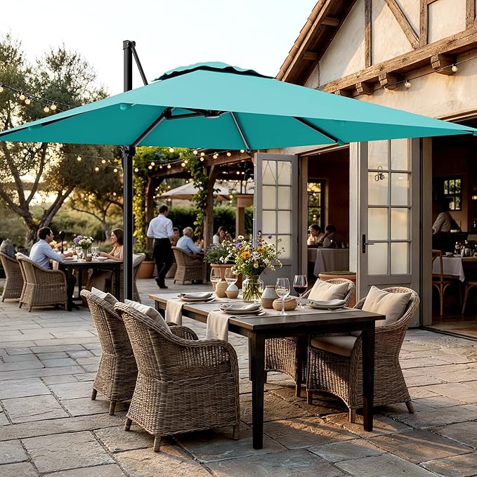 AreShark 9 × 9FT Square Cantilever Patio Umbrella with Base Included, 360° Rotation Offset Outdoor Umbrella, 5 Tilt Settings Heavy Duty Hanging Parasol for Deck Garden Pool, Peacock Blue