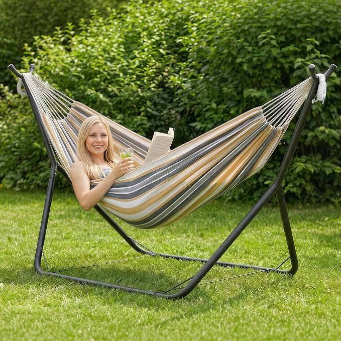 ANOW Space Saving Hammock with Stand Included, Heavy-Duty Hammock Stand with Adjustable Height for Indoor Outdoor, 475 Lbs Capacity, Coffee Stripes