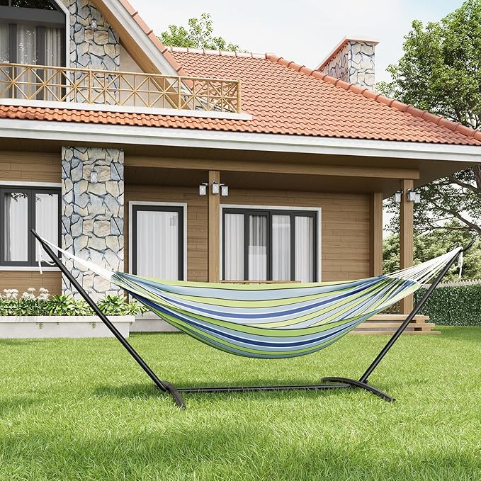 Hammock with Stand, 2-Person Outdoor Portable Hammock with Carrying Bag & Adjustable Frame, Heavys Duty 450lb Capacity, for Beach Camping Backyard Patio