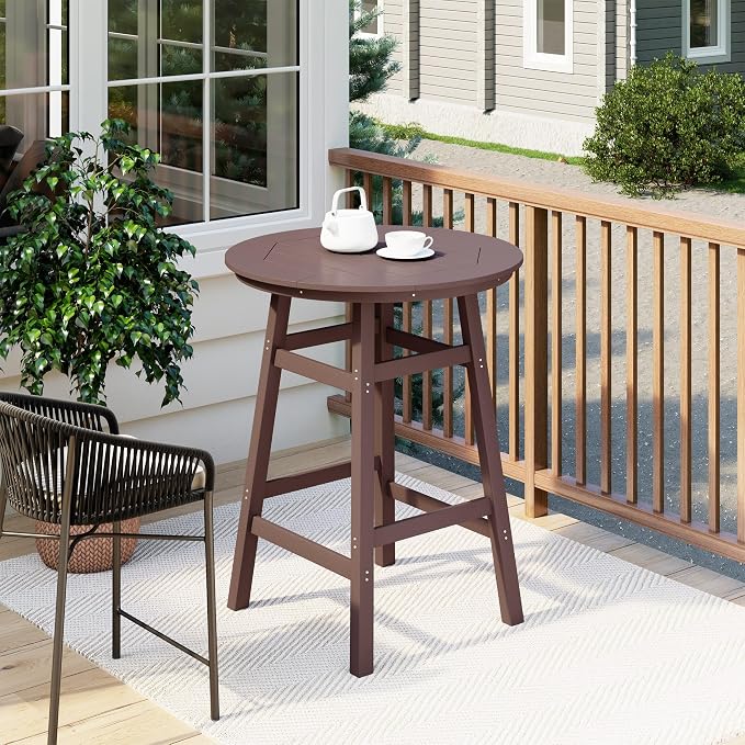 Costaelm Patio Bistro Table, 42" Counter Height Round Patio Cocktail Bar Table with Umbrella Hole, Outdoor Bistro Dining Pub Table for Front Porch Deck Backyard Garden, Dark Brown