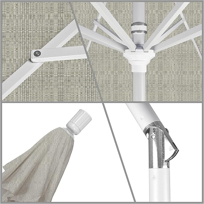 California Umbrella 9' Round Aluminum Market Umbrella, Crank Lift, Collar Tilt, White Pole, Woven Granite Olefin