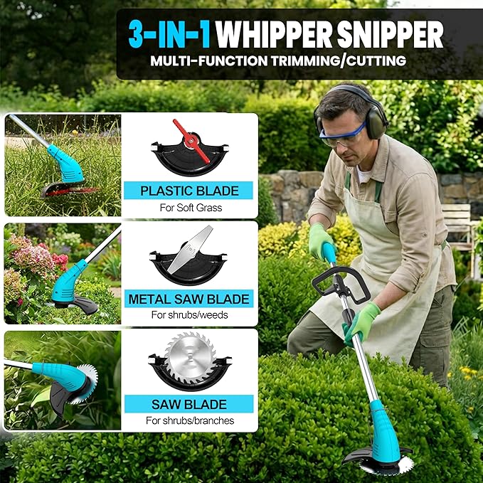 Cordless Weed Wacker, Grass Trimmer with 3 Types Blades and 2.0Ah Li-Ion Battery Powered,12V Electric Weed Trimmer/Edger for Garden Yard Work and Lawn Care (Blue)