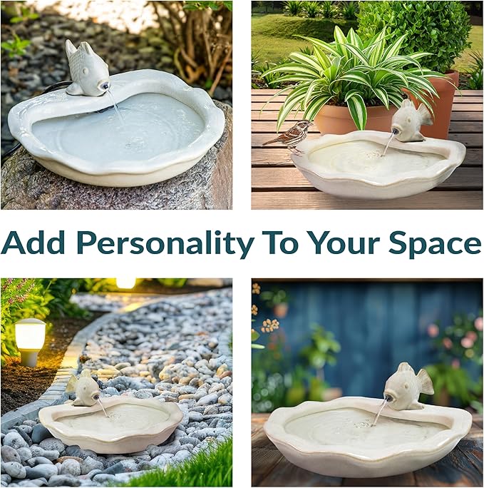 Sunnydaze Glazed Ceramic Fish 7-Inch Outdoor Garden Fountain - Outdoor Tabletop Fountain for Patio, Deck, Garden - White