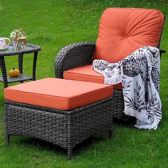 Patio Furniture Conversation Set with Ottomans, 5 Piece Wicker Patio Swivel Rocking Chairs with 360° Swivel Glider and Glass Coffee Table for Porch, Deck, Garden,Red
