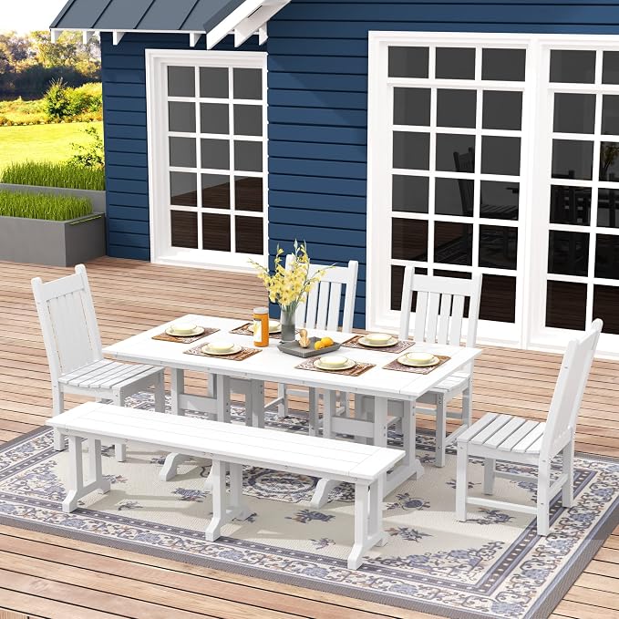 WO Home Furniture Adirondack Patio Dining Chair Table Bench Set of 6 PCS Rectangle Dinner Table Dining Armless Chairs (White)