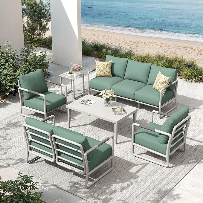 Aluminum Outdoor Patio Furniture Set, 6-Piece Conversation Sofa Set with Coffee Table, Thick Cushions & All-Weather Aluminum Frame, Modern Garden Seating for Backyard, Poolside, or Porch – White