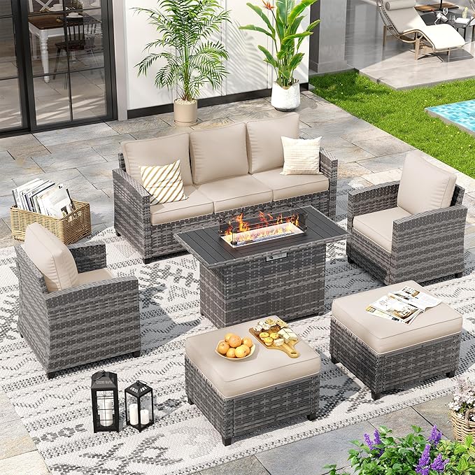 6 Pieces Patio Furniture Set with 44" Gas Fire Pit Table, Outdoor Sectional Conversation Sets, All-Weather Wicker Rattan Sofa w/Gas Fire Pit, Ottoman, Thick Cushion Khaki