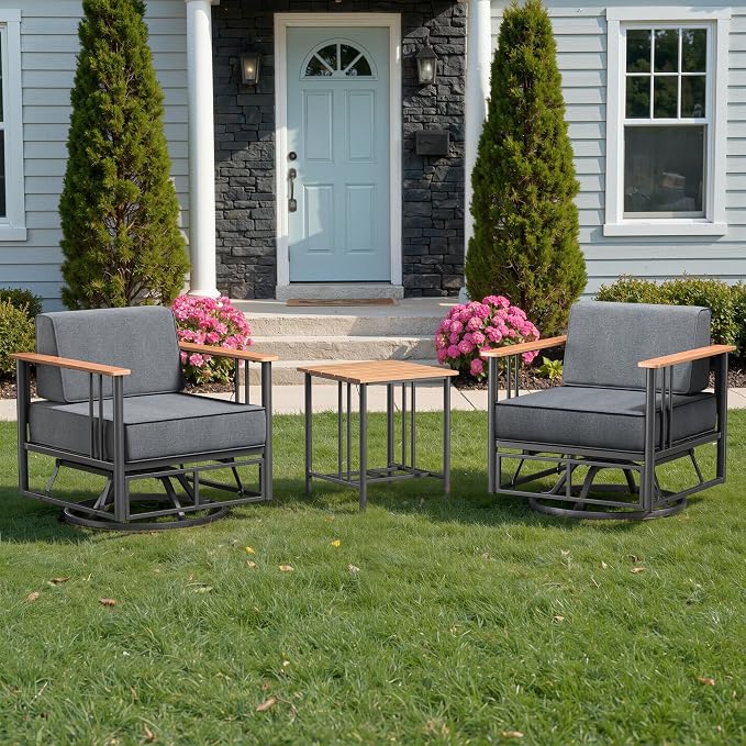 Luxury Patio Swivel Chairs with 6" Extra Thick Cushions, Outdoor Swivel Chairs with Side Table, Outdoor Furniture for Porch, Balcony, Deck, Patio, Yard, Poolside, Black/Grey